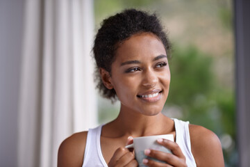 Smile, thinking and woman with coffee on a balcony with peace, reflection or calm morning. Face, remember and female person on a terrace with tea, idea or happy, memory or insight with view of nature