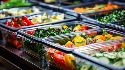 Freshly prepared salad bar with a variety of vegetables in a food court.