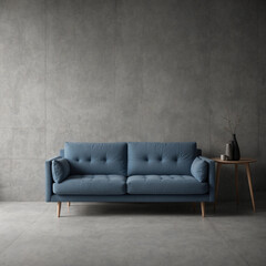 Blue sofa against concrete wall. Scandinavian loft home interior design of modern living room.