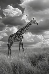 Dramatic black and white image of a giraffe under a stormy sky