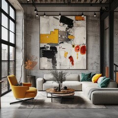Modern interior design, in a spacious room, gray interior