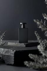 a minimal black matte perfume bottle, square bottle, on a black dark background