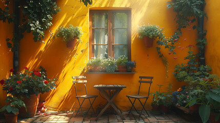 Fototapeta na wymiar A charming breakfast nook with a cozy table and chairs, featuring a small indoor garden of potted plants, against a sunny yellow background, radiating warmth and coziness. 