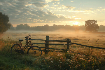 Fototapeta premium Old bicycle resting against a rustic fence in a misty countryside meadow at dawn.