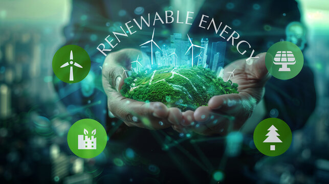 Businessman pressing renewable energy button on virtual screen. Green energy concept.