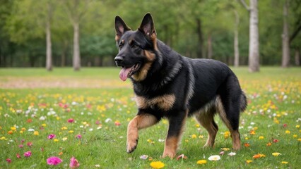 Black and tan german shepherd dog in flower field