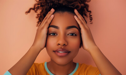 Fototapeta premium African American Black Woman Holding Hands on Forehead in Studio Setting Expressing Emotional Distress and Discomfort.