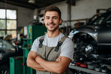 Fototapeta na wymiar Smiling mechanic man. Automotive professions. Job offer. Job Search. Machine repair professions. AI.