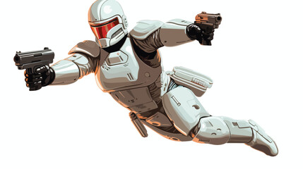 Droid soldier is flying down in action and holding