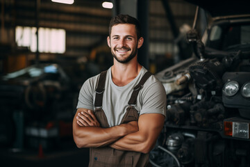 Smiling mechanic man. Automotive professions. Job offer. Job Search. Machine repair professions. AI. - obrazy, fototapety, plakaty