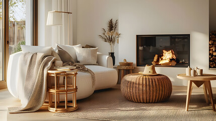Rattan lounge chair, wicker, pouf and white sofa 