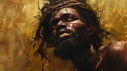 Black African Jesus Christ, Savior of mankind, empty space for text 