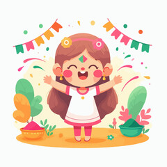 cartoon illustration of a little Indian girl at the colorful holi festival