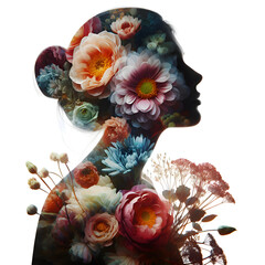 Double exposure image of a woman with various types of flowers, women and mother design concept