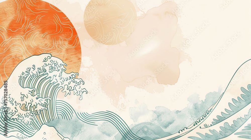 Poster illustration of a circle shape template with a japanese wave pattern modern. chinese watercolor text