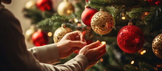 view of Hands decorating the Christmas tree with balls and christmas baubles