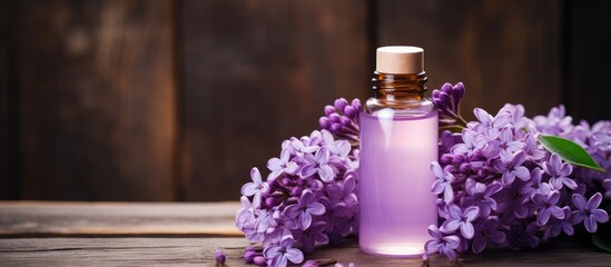Obraz na płótnie Canvas A glass bottle of violet essential oil sits next to purple flowers on a wooden table, creating a serene and fragrant setting