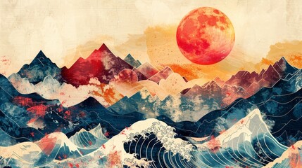 An abstract art icon with geometric pattern modern. Mountain landscape with watercolor texture background. Natural template with elements inspired by Japanese waves.