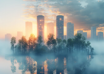 Foggy morning on the lake and the high-rise buildings