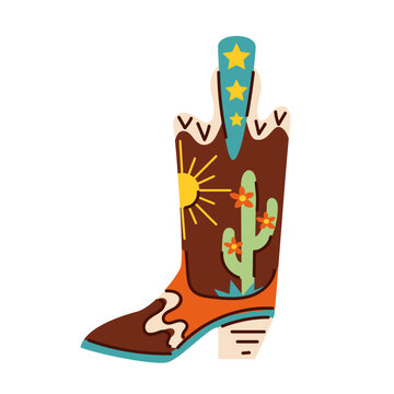 Flat graphic style trendy cowboy boot with cactus and sun.
Groovy American western footwear. Vector funky illustration.