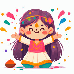 Fototapeta premium cartoon illustration of a little girl happily celebrating the colorful holi festival