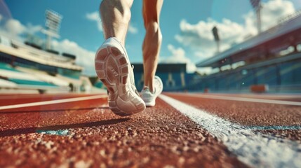 Photo from behind close-up of athlete's feet running around stadium on sunny  day - obrazy, fototapety, plakaty