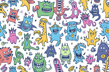 Seamless pattern of cartoon doodles of lil monsters