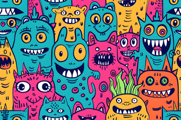 Seamless pattern of cartoon doodles of lil monsters