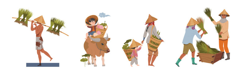 Asian Farmers in Straw Conical Hat Working on Field Vector Set