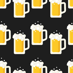 Beer mugs vector seamless pattern. Stylized elements on black background. Best for textile, wallpapers, wrapping paper, package and bar decoration.