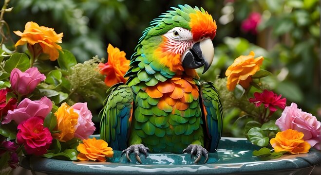 A vibrant parrot with emerald green feathers splashing around in a sparkling birdbath, surrounded by lush greenery and colorful flowers.