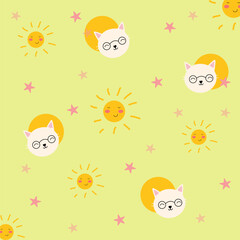 Summer Illustration of Cute head cat, sun, and star on light green background suitable for Wallpaper, Fabric, Textile Design, Bed Sheet, Sofa Pillow Pattern, Stationery, Wrapping paper, bag, tote bag
