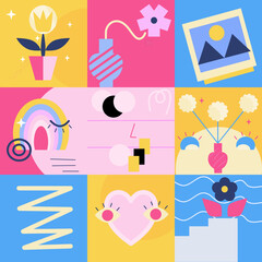 Simple Modern Bright Geometric Shape, Face, and Flowers in Flat Design suitable for Fabric, Textile Design, Bed Sheet, Sofa Pillow Pattern, Stationery, Wrapping paper