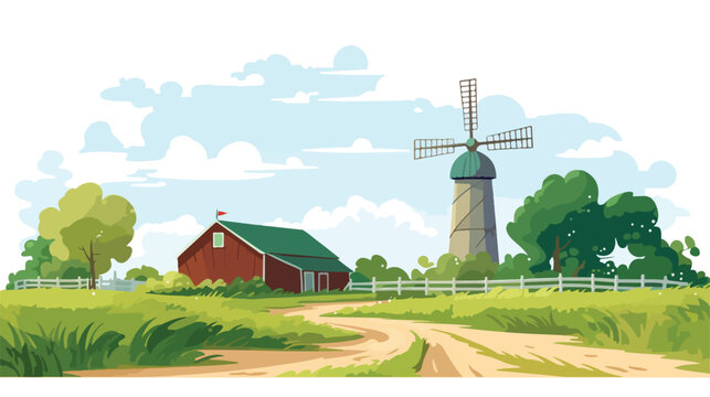 Farm landscape scene with barn and windmill illustration 
