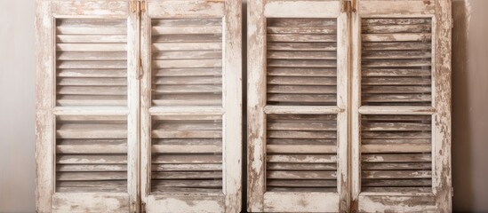 A row of rectangular wooden shutters in varying tints and shades, made of composite material, displayed in parallel on a shelving unit