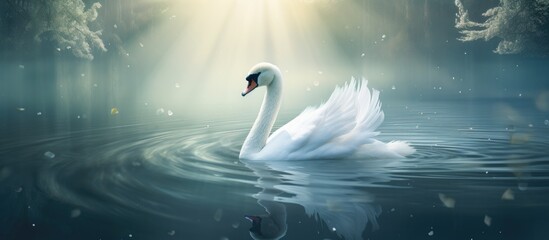 A graceful white swan gracefully glides through the liquid surface of the lake, showcasing its elegant feathered body and distinctive beak - obrazy, fototapety, plakaty