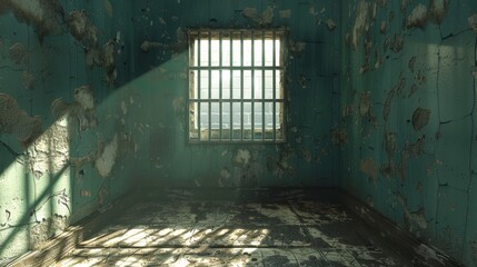  a prison cell with a window and bars