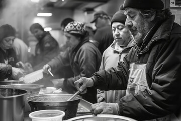 man serves homeless people with free hot meal in shelter dining hall. Volunteer gives plate with...