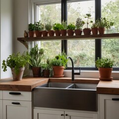 A kitchen infused with botanical charm, featuring hanging herb gardens, succulent arrangements on the windowsill, and nature-inspired artwork.