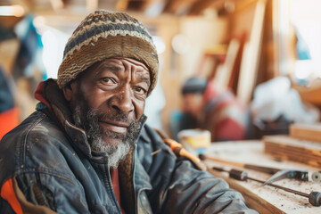 Fototapeta na wymiar Positive black homeless man learns new professional skills in carpentry shop. African male with grey beard enjoys woodwork in workshop