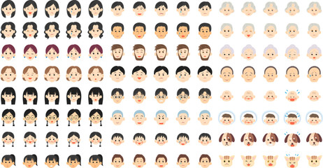 120種類の人物（老若男女）とペットの顔。シンプルなベクターアイコンイラストセット。
120 types of faces of people of all ages and genders, including pets. A simple vector icon illustration set.