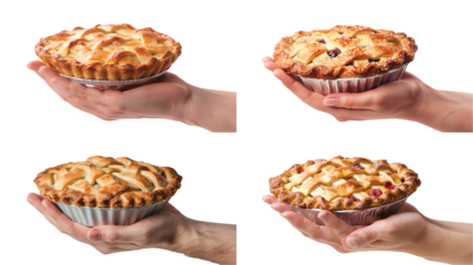 Set of hand holding an apple pie isolated on transparent background
