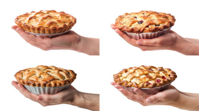 Set of hand holding an apple pie isolated on transparent background - Powered by Adobe