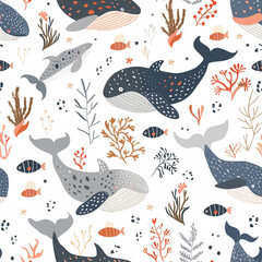 Seamless pattern with whales and marine life in a playful, hand-drawn style on a white background.