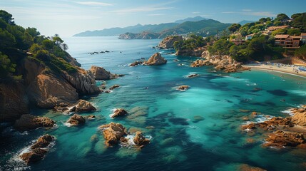 Breathtaking coastal landscape with crystal clear waters and rugged cliffs - obrazy, fototapety, plakaty