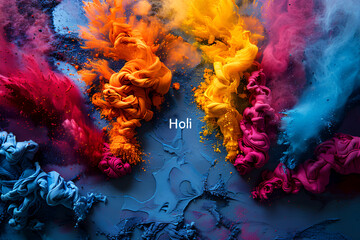 Holi background, voluminous and airy colored powder on a dark background with happy holi text and empty space for design.