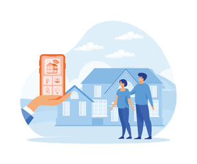 Fototapeta na wymiar Smart home app with control system, eco house on the background and family posing, technology and lifestyle concept. flat vector modern illustration