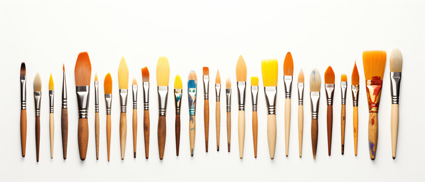 Detail of ten differently shaped artists paintbrushes