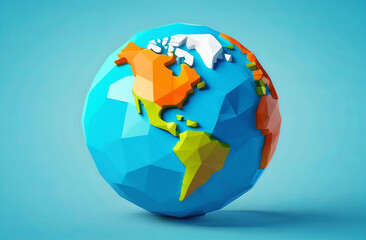 a low poly globe with a map of the world on a blue background