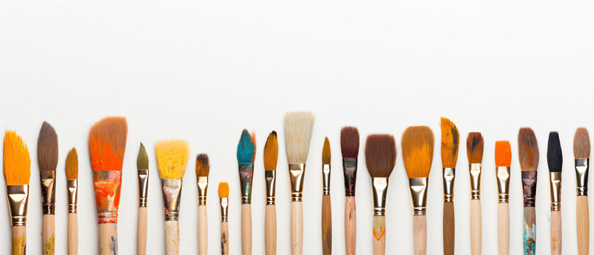 Detail of ten differently shaped artists paintbrushes